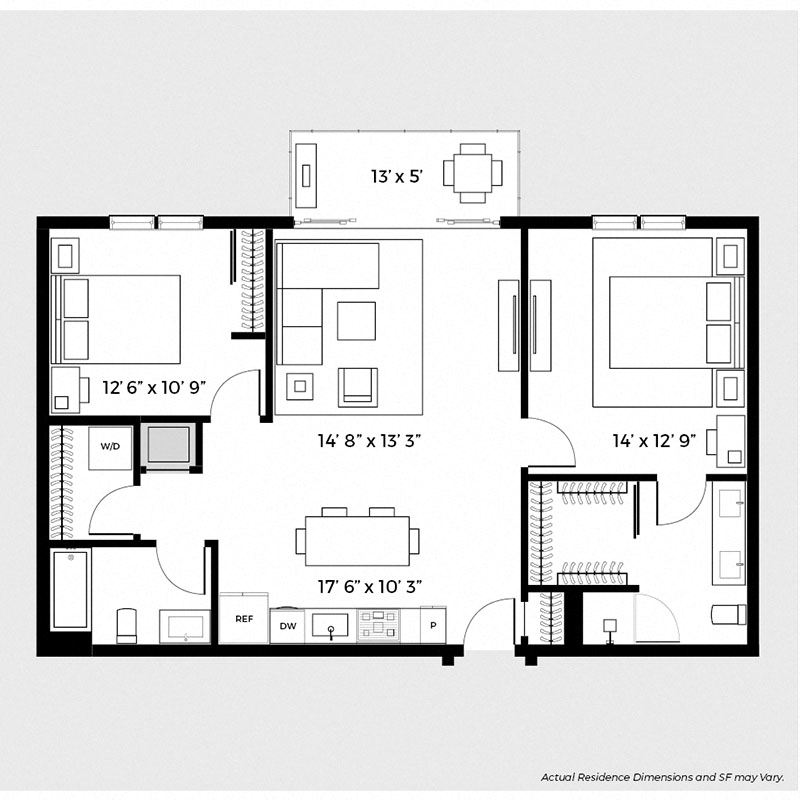 Floor plan for 2 beds, 2 baths, 1035 sqft